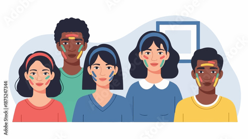 A diverse group of people with colorful face paint, smiling