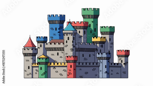 A colorful, cartoonish castle with many towers of varying heights and vibrant colored tops