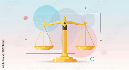 A golden balance scale stands centered against a soft pastel background with abstract circles