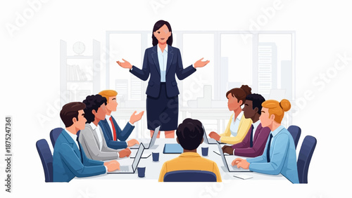 A diverse group of professionals in a modern office setting, engaged in a business meeting with a leader at the helm