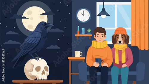 A divided scene a raven on a skull under a moon, and a person with a dog indoors