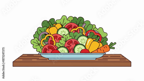 A colorful, cartoonish salad overflowing with fresh vegetables on a light blue plate