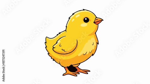 A cute cartoon chick stands on a white background, looking forward