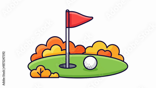 A colorful, cartoon-style depiction of a golf hole with a red flag, a golf ball, and stylized bushes