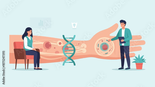 A doctor discusses a patient's DNA and cell structure, illustrating genetic science