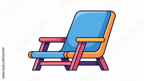 A colorful, cartoon-style deck chair with a blue seat and orange frame