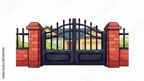 A grand, dark metal gate with brick pillars, guarding a yellow house with green bushes