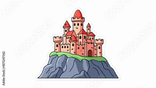 A pink cartoon castle with red roofs sits atop a rocky cliff with green grass