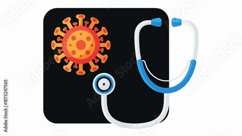 A graphic illustration of a virus and stethoscope on a black background