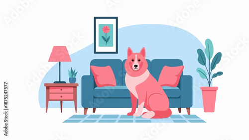 A pink dog sits on a rug in a blue living room with pink pillows