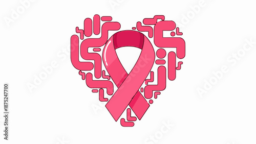 A pink ribbon forms the center of a heart-shaped design made of abstract pink shapes and lines