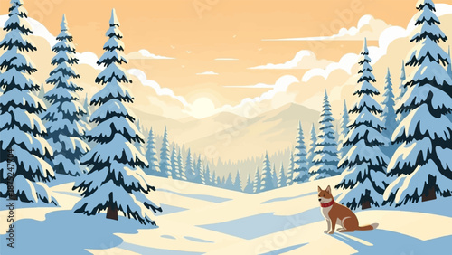 A lone dog sits in a snowy winter forest at sunrise
