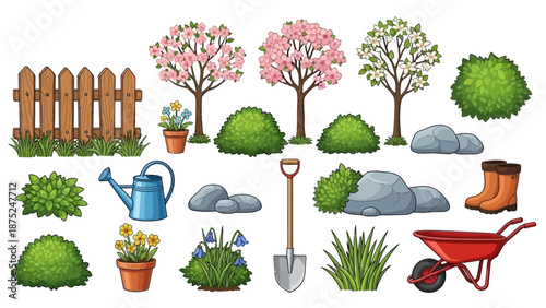 Flat lay illustration of various gardening tools and plants on a white background