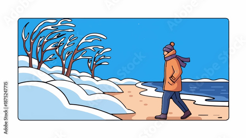 A lone figure strolls along a snow-dusted beach on a clear winter day