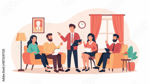 A facilitator guides a group discussion indoors, with seating and decor