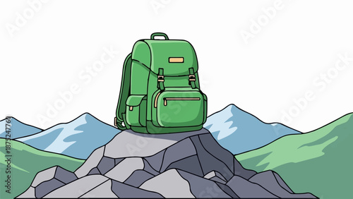 A green backpack sits atop a rocky peak, with distant mountains under a white sky