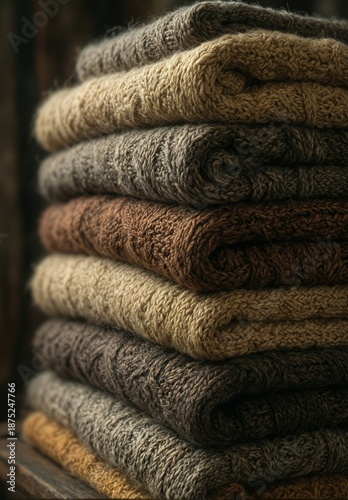 a neatly stacked pile of warm, textured knit scarves in earthy neutral tones, perfect for cozy autumn and winter scenes.
