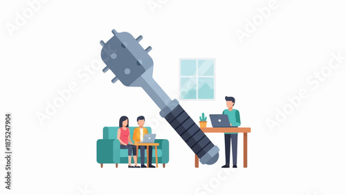 A mace looms over people working and relaxing