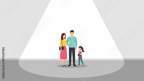 A family stands together in a spotlight, with a mother, father, and daughter