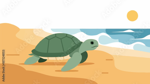 A green sea turtle walks on a sandy beach toward the ocean under a yellow sun
