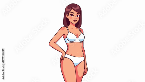 A pixelated, stylized woman with brown hair wears white undergarments, standing with a hand on her hip