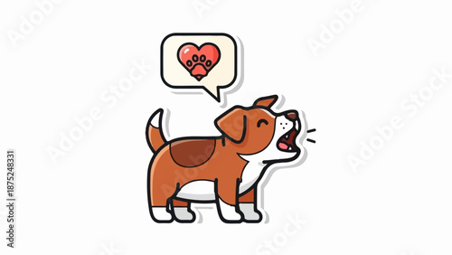 A playful cartoon dog barks joyfully with a heart and paw print in a speech bubble