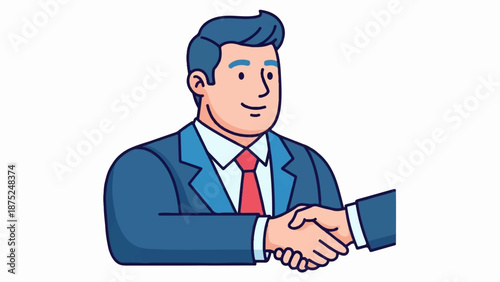 A man in a suit shakes hands with another person