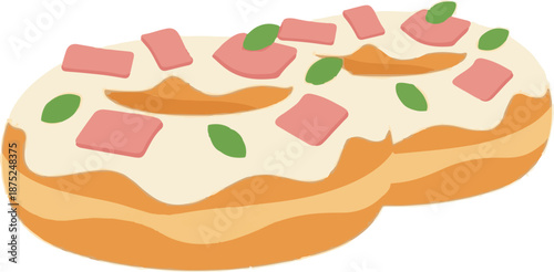 A playful illustration of a ring-shaped food item topped with pink squares and green leaves