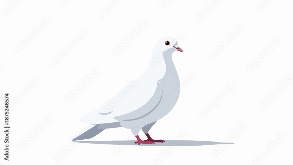 Fototapeta premium A pristine white dove with subtle grey wing shading stands on a plain surface, casting a faint shadow