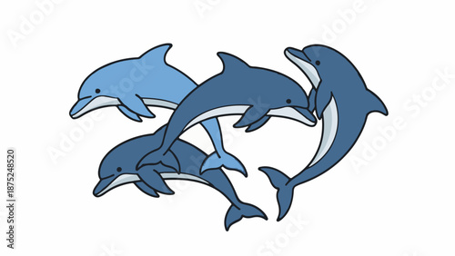 A pod of playful dolphins, depicted in a simple cartoon style with varying shades of blue