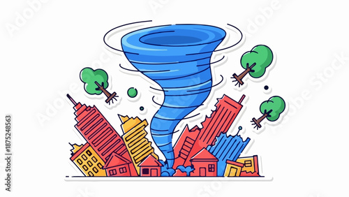 A powerful tornado swirls through a cartoon city, toppling buildings and trees in its path