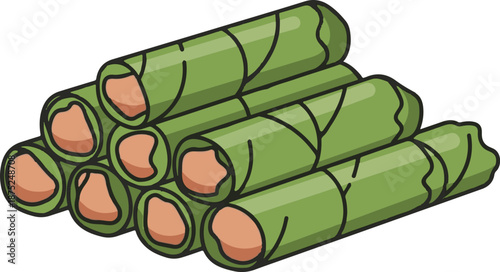 A pyramid of eight green cylindrical food items, each wrapped in a leaf and filled with a tan substance