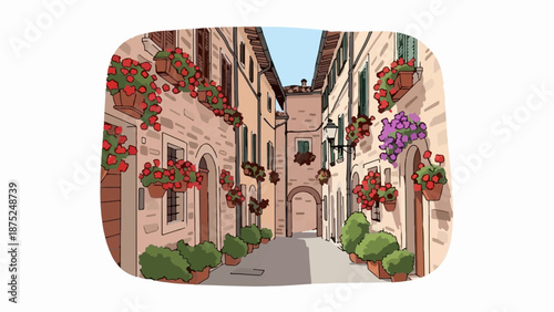 A quaint stone alley adorned with vibrant red and purple flowers