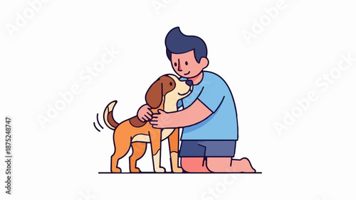 A person kneels to embrace a happy dog, with wagging tail and playful demeanor