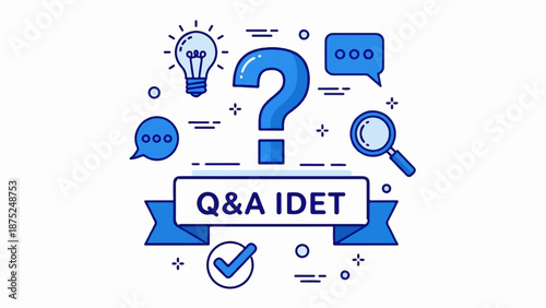 A question and answer graphic with a question mark, light bulb, speech bubbles, and magnifying glass