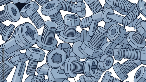 A random assortment of metal fasteners with hexagonal and cross-shaped heads is scattered across a white background