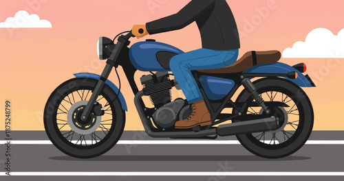 A person rides a blue motorcycle on a road at sunset with clouds in the sky