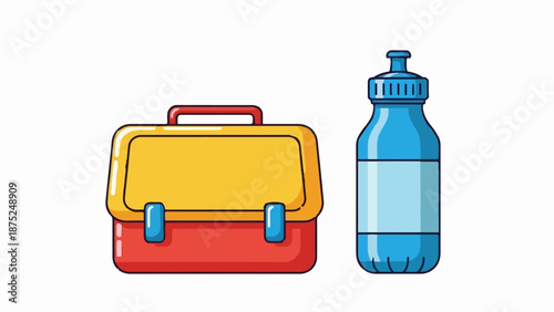 A red and yellow lunchbox sits beside a blue water bottle