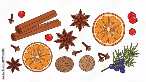 A festive collection of spices and fruits, including oranges, cinnamon, and star anise