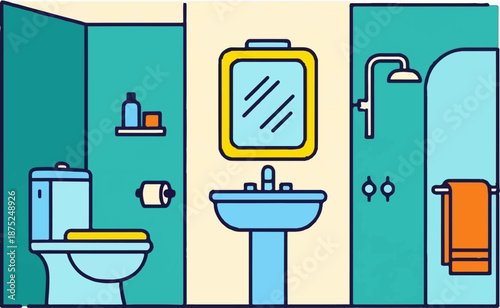 A minimalist illustration of a modern bathroom with a toilet, sink, and shower