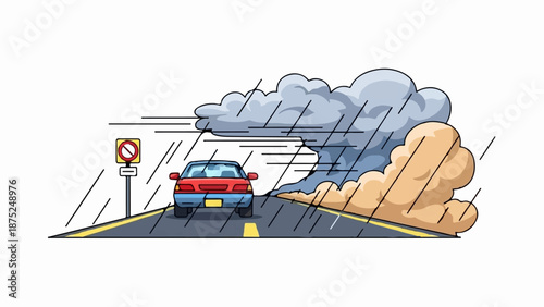 A red car drives on a wet road under a stormy sky with rain and dust clouds
