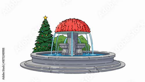 A festive fountain with cascading water and a decorated evergreen tree