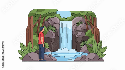 A person stands before a waterfall, surrounded by trees, rocks, and lush greenery