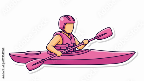 A person wearing a pink helmet and vest, paddling a pink kayak with a pink oar