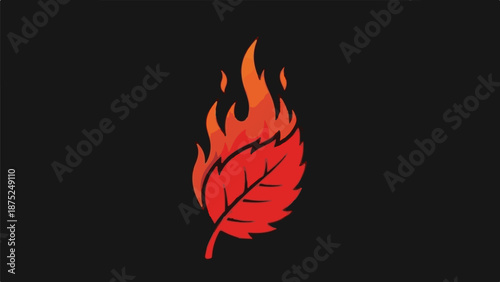 A red leaf engulfed in vibrant orange and yellow flames on a dark background