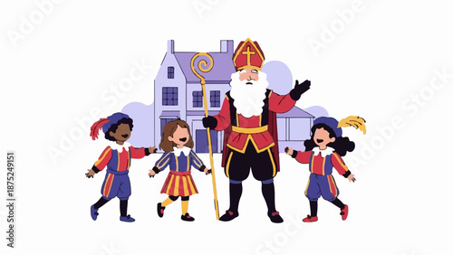 A festive group, including a bearded man with a staff and children in colorful attire, stand before a stylized building
