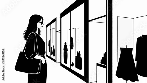 A person wearing sunglasses and a bag looks at a shop display of clothes and accessories