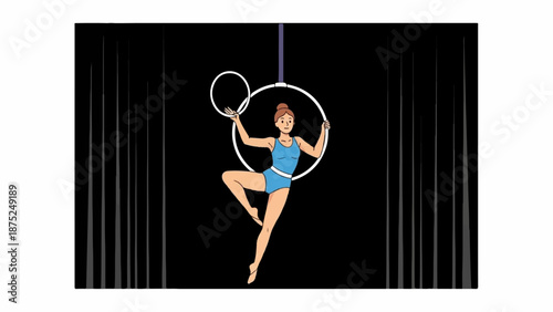 A gymnast performs aerial maneuvers on a hoop suspended against a backdrop of dark curtains