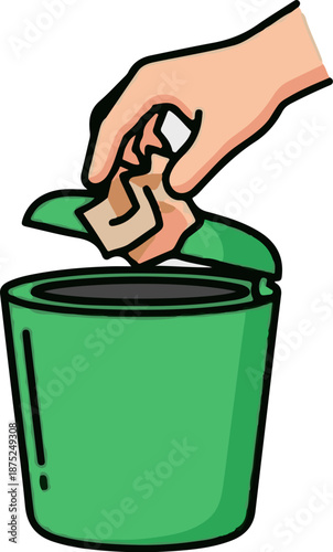 A hand discards crumpled paper into a green waste bin