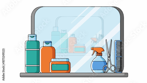 A reflective surface displays grooming supplies and hair tools